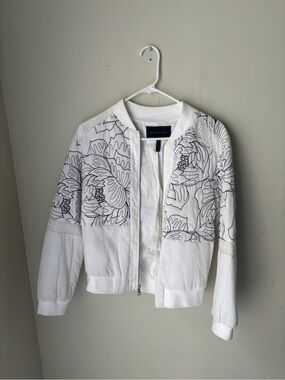 BCBGMaxAzria White Embroidered Floral Bomber Jacket